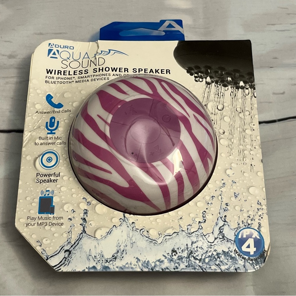 Aqua Sound Purple & White Zebra Print Wireless Shower Speaker
